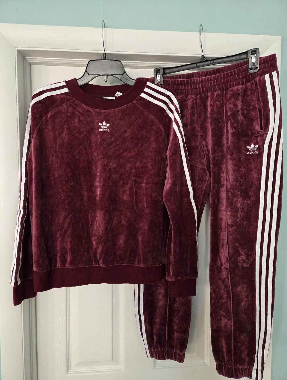 Adidas Originals Burgundy Velour Tracksuit Set Y2K 3 Stripe Jacket Pants M